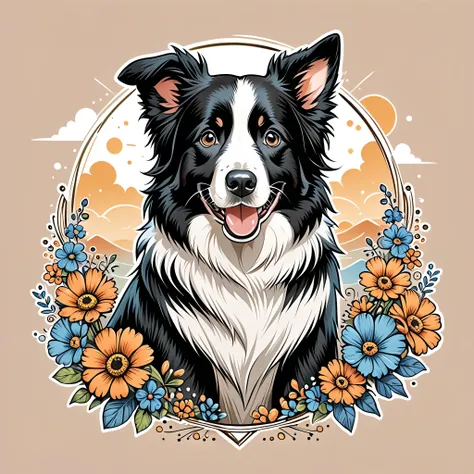 Uma T-shirt design com arte vetorial,  Cute border collie illustration, In the center,  High Details , 
T-shirt design