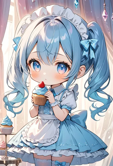 cute anime girl,crystal, chibi,twin-tails, blue hair, maid-inspired outfit, frilly dress with ribbons, white and blue color sche...