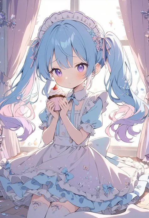 cute anime girl, crystal, pastel,
Low Fidelity (lofi) art style,
pastel pink and purple tones,
soft orange, twin-tails, blue hair, maid-inspired outfit, frilly dress with ribbons, white and blue color scheme, holding a cupcake, shy expression, intricate de...