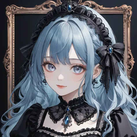 gothic lolita, pastel,mauve blue haired girl, intricate lace dress, black outfit, victorian-inspired, winking expression, delica...