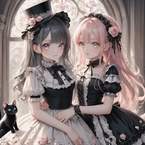 dark gothic,pastel,gothic lolita fashion, twin girls, one in white dress, one in black dress, intricate lace and frills, victori...