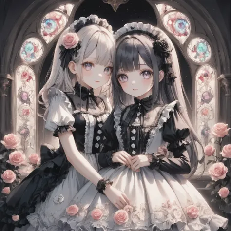 dark gothic,pastel,gothic lolita fashion, twin girls, one in white dress, one in black dress, intricate lace and frills, victori...