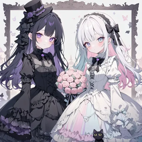 dark gothic,pastel,gothic lolita fashion, twin girls, one in white dress, one in black dress, intricate lace and frills, victori...