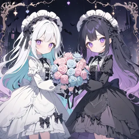 dark gothic,pastel,gothic lolita fashion, twin girls, one in white dress, one in black dress, intricate lace and frills, victori...