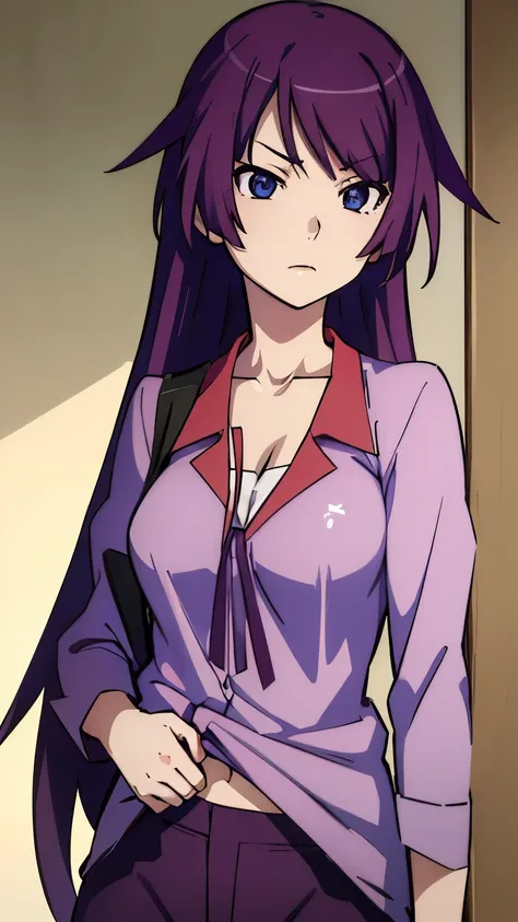 ((hitagisenjougahara)), a girl, Alone,  long hair, blue eyes, purple hair, open shirt showing breasts 