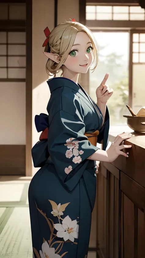 (masterpiece, Best Quality)，32K，  Details, 1 person ,  Silver Accessories ，Very chubby girl， short stature ，blonde， elegant，( pointed ears)，((kimono))，green，(((kimono)))， Avoid Light Makeup ， light brown hair，Long Hair，(Full body images:0.85)，(Accentuate your big butt)，Laughter，masterpiece，Best Quality， gentle smile ， captivating gaze ， random hairstyles， Japanese-style room 、Shoji screen、lanthanum、 has a smiling face ，((Required :Precise Five Fingers ))、正確で  Detailsな女性のきれいな指，