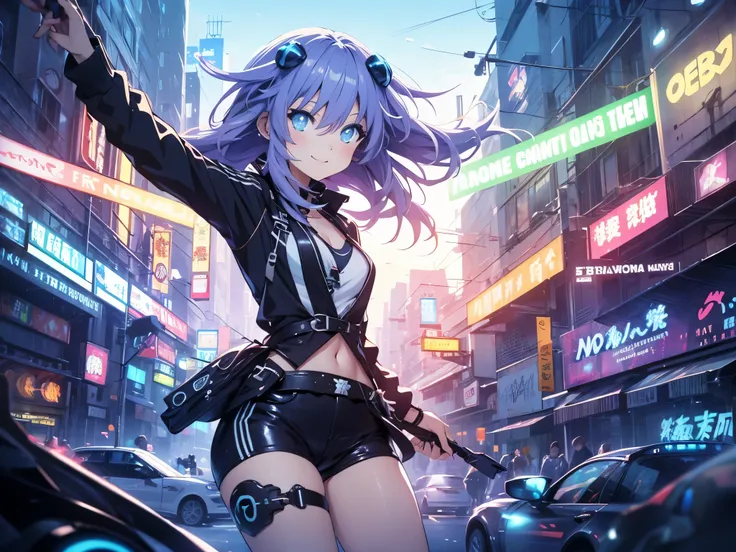 Masterpiece picture quality,Rainbow,Urban girl,ssmile,number art,style of anime,Retro anime girl,Punk girl,in an anime style,dual horsetail,Trendy,neonlight,depth of fields, Primer plano,