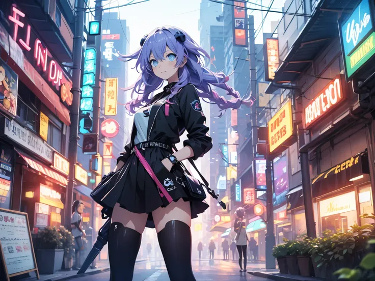 Masterpiece picture quality,Rainbow,Urban girl,ssmile,number art,style of anime,Retro anime girl,Punk girl,in an anime style,dual horsetail,Trendy,neonlight,depth of fields, Primer plano,