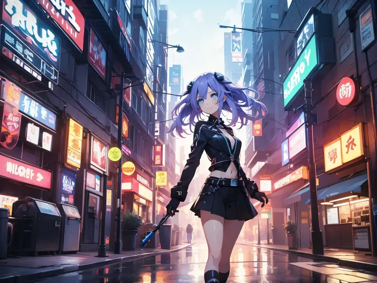 Masterpiece picture quality,Rainbow,Urban girl,ssmile,number art,style of anime,Retro anime girl,Punk girl,in an anime style,dual horsetail,Trendy,neonlight,depth of fields, Primer plano,