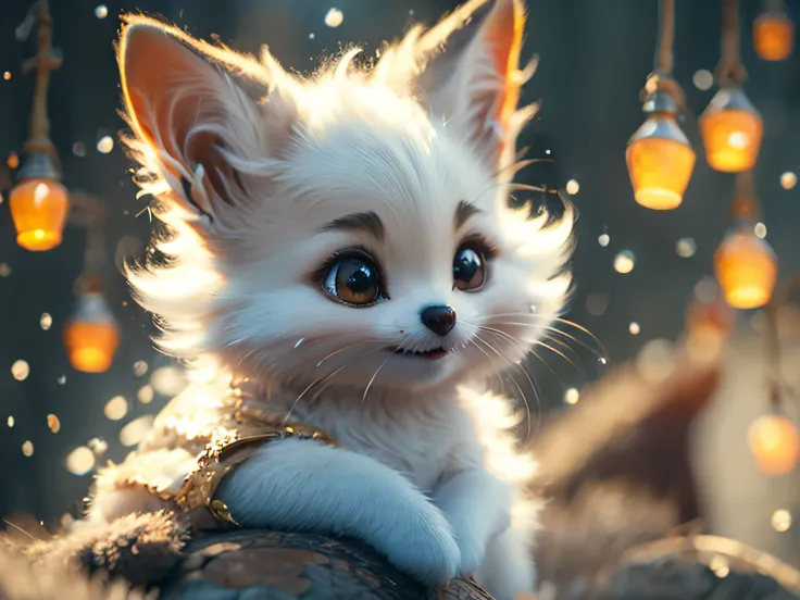 Magical Fantasy Creature, (Best Quality, Masterpiece, Representative Work, Official Art, Professional, Ultra Fine Detail, 8k:1.3), (Photorealism:1.2), Fox Spirit, Super Cute, Big Eyes, Soft, Delicate Nose, Fluffy, Two-Toothed Smile, Cute Fennec Fox Ghost, ...
