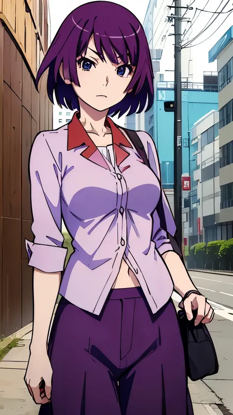 ((hitagisenjougahara)), a girl, Alone,  short hair,  Preview viewer , blue eyes, purple hair, open shirt showing breasts 