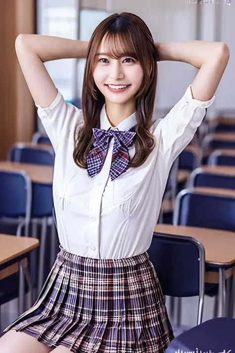 brown hair、With bangs、 and smiles 、 fold your hands behind your head、Beautiful breasts、 slim body、Purple bow tie、WhiteShirt、 plaid pleated mini skirt、Sitting on a chair with legs apart、In a school classroom