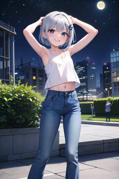 masterpiece,best quality,ultra detail,1girl, 14yo,petite,Laugh happily,background((city, in the park, starry night, moonset)), beautiful silver short hair, hair ornament, x hair ornament,Raise your arms and bring them behind your head,White teeth, White ta...