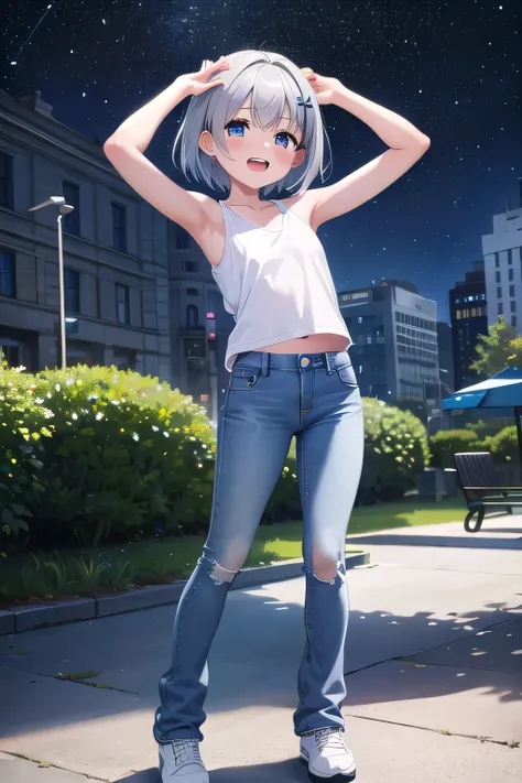 masterpiece,best quality,ultra detail,1girl, 14yo,petite,Laugh happily,background((city, in the park, starry night)), beautiful silver short hair, hair ornament, x hair ornament,Raise your arms and bring them behind your head,White teeth, White tank Tops, ...