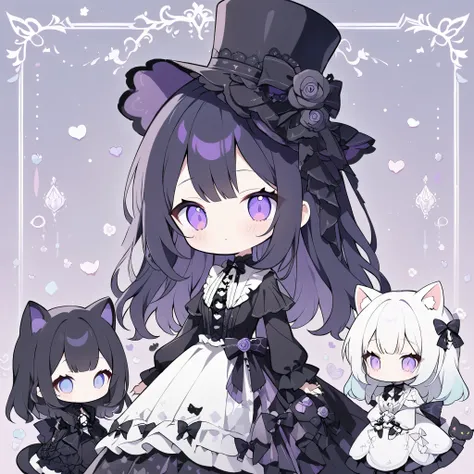 dark gothic,pastel,gothic lolita fashion, twin girls, chibi,one in white dress, one in black dress, intricate lace and frills, victorian-inspired attire, holding large roses, cute gothic dolls, black cat with top hat, white cat with hat, pastel color schem...