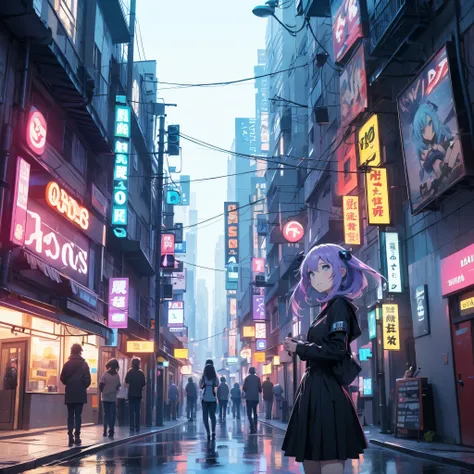 Masterpiece picture quality,Rainbow,Urban girl,ssmile,number art,style of anime,Retro anime girl,Punk girl,in an anime style,dual horsetail,Trendy,neonlight,depth of fields, Primer plano,