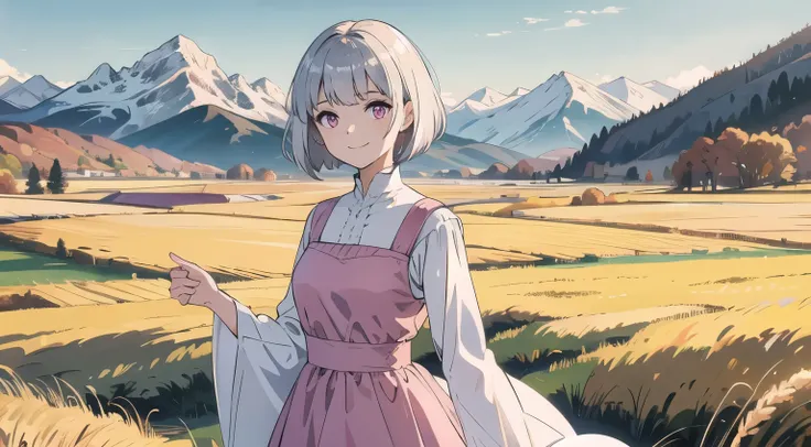 masterpiece, Best Quality, Super detailed, Very short hairstyles for silver hair, Pink Eyes, smile, Fields and mountains,  Long sleeve dress , Autumnal, wheat