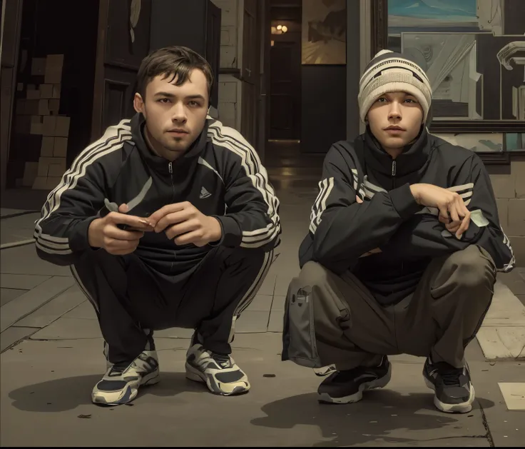 Two young guys in tracksuits Squatting in an art gallery. Mysterious, intriguing work of high art, high detail, 