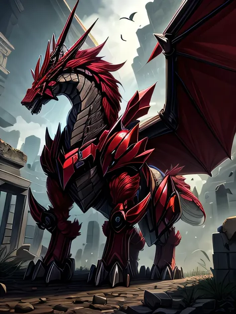 detailed 8k quadruped behemoth dragon robot with big wings, red(from the waist up)inside the ruins