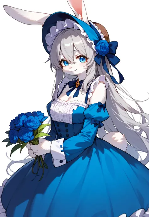 score_9, score_8_up, score_7_up, score_6_up, score_5_up, score_4_up, source_cartoon, best quality, amazing quality, very aesthetic, absurdres, 1girl, (furry, kemono:1.3), rabbit, rabbit girl, rabbit ears, flower, solo, holding, blue flower, smile, dress, l...
