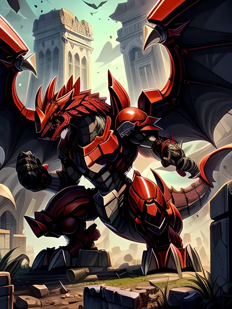 detailed 8k behemoth dragon robot with big wings, red(humanoid body)inside the ruins