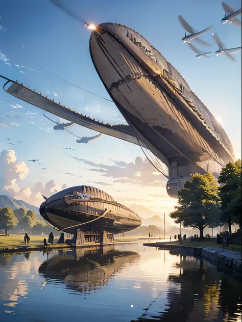 ( Super Large Airships Flying in the Sky  :1.5)、 Ruined and Destroyed Cities 、Intricate Japanese Buildings 、School building、shrine、Railroad crossing、bus stop、tree々、Warm lighting、 puddle、Good old Japanese scenery、  Beautiful and Fantastic Summer Scenery、 Ci...