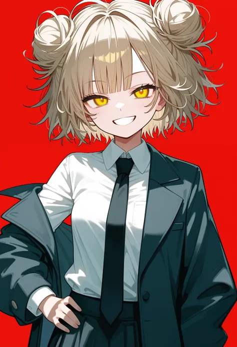 score_9, score_8_up, score_7_up, h1m1k0t0g4, 1girl, mature, beige hair, yellow eyes, (bags under eyes:0.8), hair buns, short hair, messy hair, blunt bangs, suit jacket, white shirt, black tie, long skirt, black skirt, small breasts, standing, one hand on h...