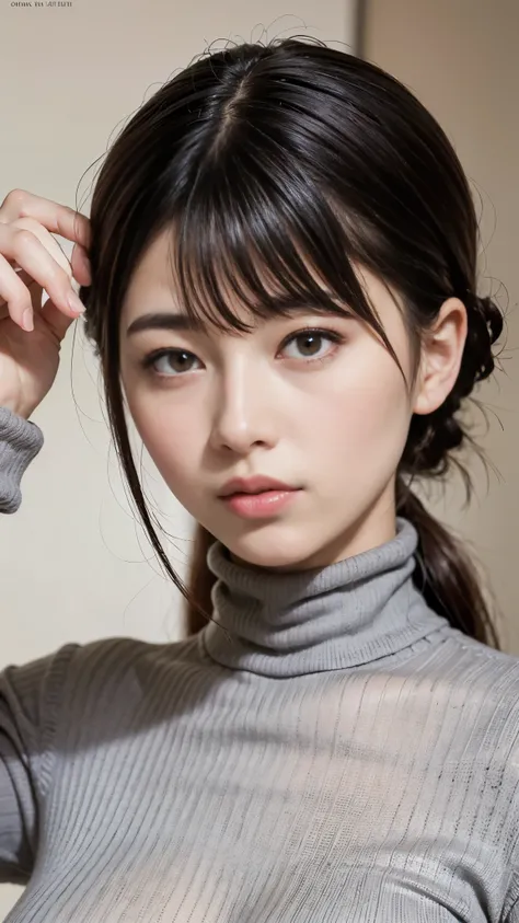 Best Quality,masterpiece, ultra high resolution,high definition raw color photo, professional photos , natural skin texture, fine skin, hyperrealism, Japanese Women,(( face up ,grey turtleneck))