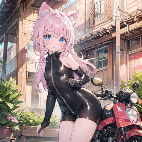  leather suit、 look for elementary school girls 、 light pink hair ,Very beautiful and Sparkling Eyes、Sparkling Eyes、 1 girl、Small breasts、cat ears、((((( )))))、heart❤、((sweat、vapor)）