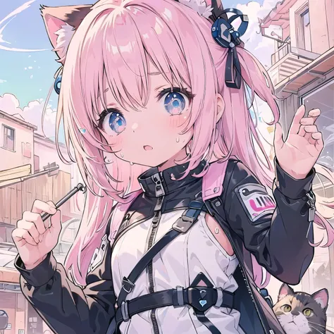  leather suit、 look for elementary school girls 、 light pink hair ,Very beautiful and Sparkling Eyes、Sparkling Eyes、 1 girl、Small breasts、cat ears、((((( )))))、heart❤、((sweat、vapor)）、fastener、Chuck