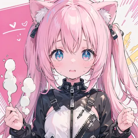  leather suit、 look for elementary school girls 、 light pink hair ,Very beautiful and Sparkling Eyes、Sparkling Eyes、 1 girl、Small breasts、cat ears、((((( )))))、heart❤、((sweat、vapor)）、fastener、Chuck