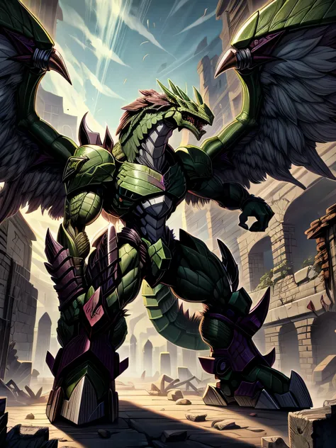 detailed 8k behemoth dragon robot with big wings, green (humanoid body)inside the ruins