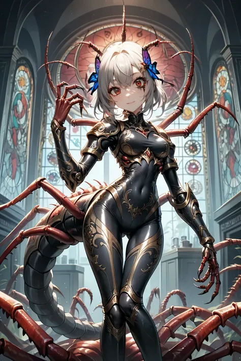 (girl fused with a centipede). succubus style. insect paws. it is based on the motif of a centipede. metallic. light armor. brea...