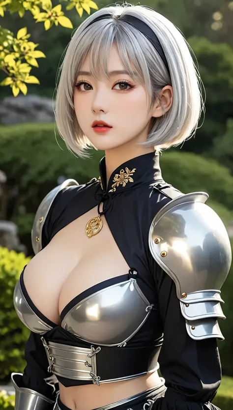 sole super sexy lady, 2b, Charming，A head of exquisite silver hair、beautiful eyes ,Beautiful lips with a sense of transparency、Japanese traditional ninja armor,  sweat, , big bouncing breasts, slim body, Showing off beautiful round breasts, Press chest tog...