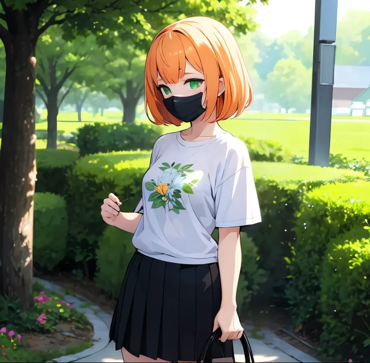 An anime girl has short orange hair and wears a white mask with a green spring on it. Her shirt is white and is gray and the skirt is black