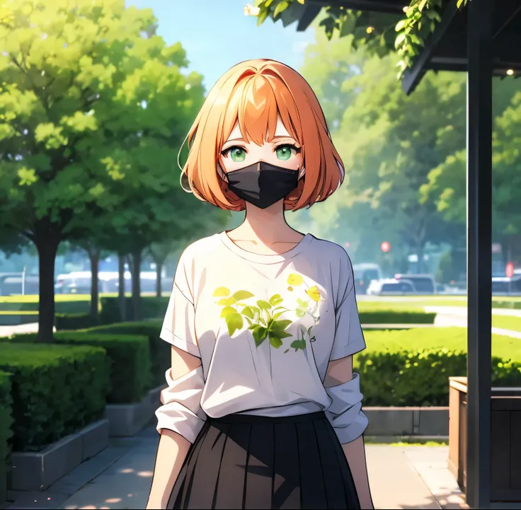 An anime girl has short orange hair and wears a white mask with a green spring on it. Her shirt is white and is gray and the skirt is black