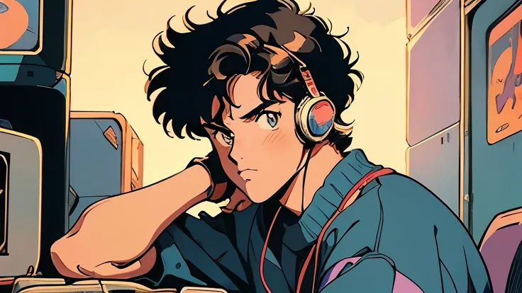  retro arcade anime boy, 80年代のanime atmosphere,  80s animation style ,  retro anime boy , 1980s anime style, retro anime picture , anime atmosphere, Play the game, 、４ｋ、wearing headphones