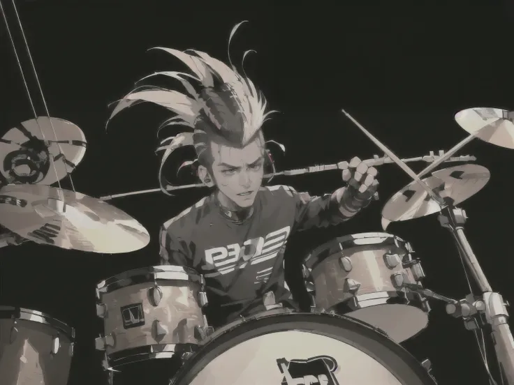 ((best quality, 4k, 8k, highres, masterpiece:1.2, ultra-detailed,Correct Anatomy)), (((Male: Drummer, Android, Robot, Hairstyle: Mohawk, Playing drums at high speed))) (((Punk rock band member))), singing, ((Guitar, Drums)), on stage,((cyber punk)),(((Focu...