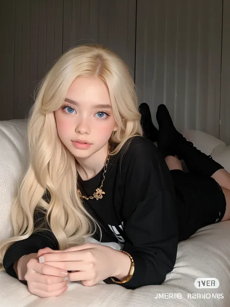 blonde woman with long hair lying on a sofa with a black shirt, ava max, retrato de jossi de blackpink, very very pale blond hai...