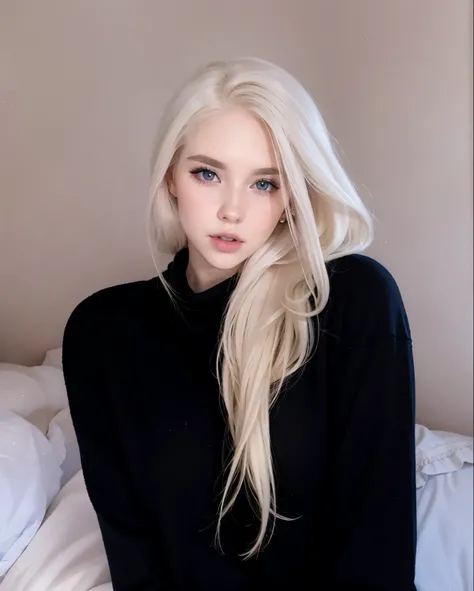 Blonde woman with long hair sitting on a bed in a black sweater, pale hair, perfeita de cabelos brancos, com cabelos longos brancos, com longos cabelos brancos, pale white skin, cabelos brancos intensos, her hair is white, extremely pale blond hair, Pale ...