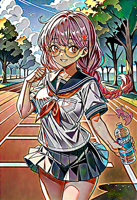 (masterpiece), very detailed, expressive eyes, anime style, dynamic lighting, UHD, 8K, pink twin tail hair, red eyes, school uniform, medium breasts, braided hair, running track background, twilight, sundown, school track zone, trees, bleacher, outdoors, c...