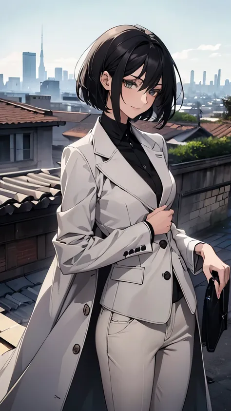 (Confused,  high resolution on down,  very detailed), 1 female, Black Hair,Bob Hair,Green Eyes,white and blue formal,20th Generation,Beauty,Mature,thin,Quiet,Calm, Little Smiles , gentle smile touching your head, in front of someone you like,Long coat,Slen...