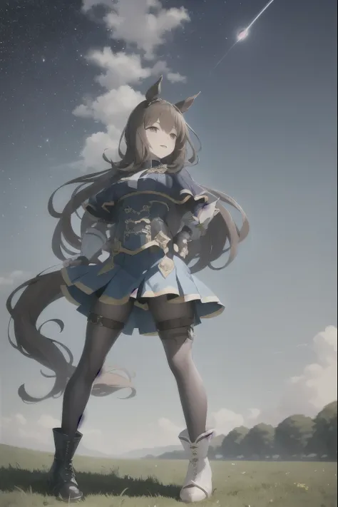 masterpiece, Best Quality,
Respect Vega \(Horse Girl\),
Starry Sky,  Knight ,  horizon ,  is standing,  look up , 
 white tie, skirt,  long sleeve , White shoes,  Thigh Straps ,  black pantyhose ,  boots, shirt,  puff sleeve, pleated skirt, button, corset,  capelet, Fingerless gloves,  black gloves,  Mismatched Footwear
