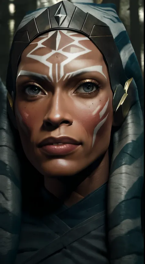 ahsokatano woman, rosario dawson in dark forest,  smirk, Photorealistic, Hyperrealistic, Hyperdetailed, analog style, hip cocked, demure, low cut, detailed skin, matte skin, soft lighting, subsurface scattering, realistic, heavy shadow, masterpiece, best q...