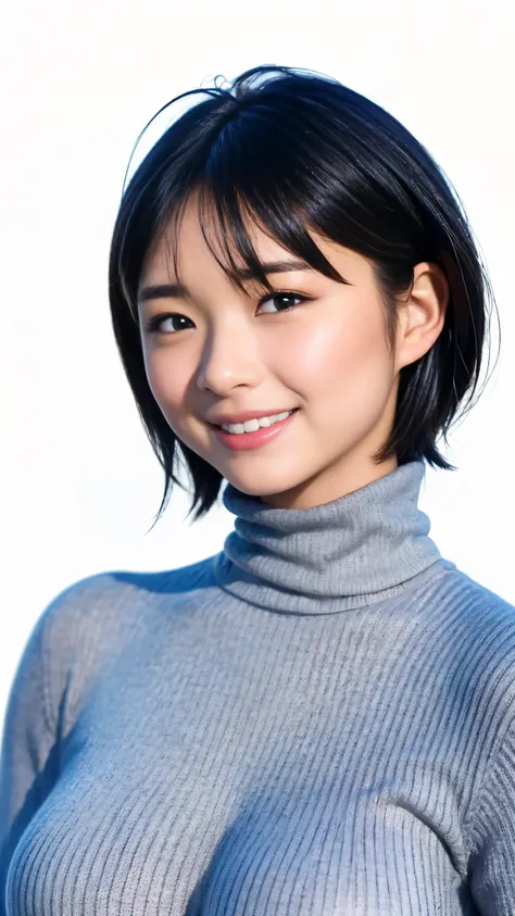 Best Quality,masterpiece, ultra high resolution,high definition raw color photo, professional photos , natural skin texture, fine skin, hyperrealism, Japanese Women,(smile, Shortcut Hair, face up ,grey turtleneck),Big Breasts