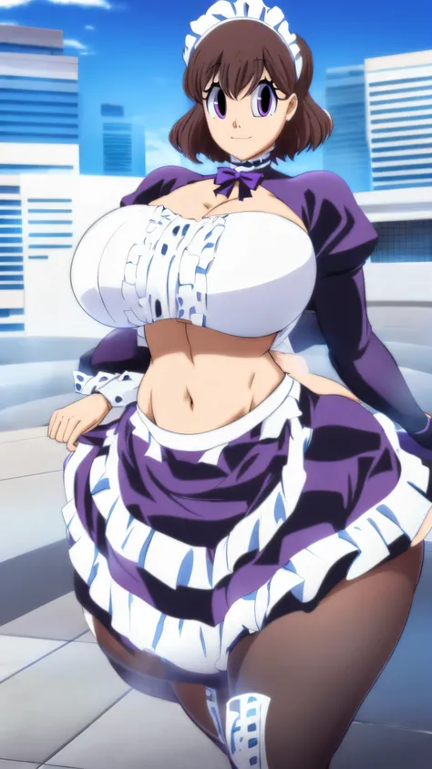 A happy maid woman beautiful big breasts beautiful sexy cute attractive big dark brown hair disheveled cut her light yellow eye big eyelashes purple maid top dresses shows her navel and dresses metallic purple maid skirt