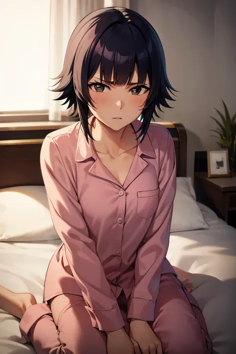 open clothes、sitting on bed、nose blush、 in bed、 pink pajamas、(silk pajamas)、(close up)、(thirst, short hair, bangs, black hair, s...