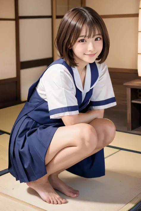 Cute smile, masterpiece, High school girl, Squatting in bed,( Japanese idols:1.5), Brown Hair, bob cut, plump chest , Blushing , embarrassed expression, From below, (High school girlの夏の制服), Look away , Detailed barefoot , glossy skin, perfect two leg...