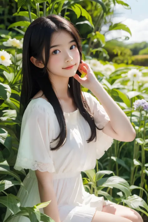 (masterpiece, best quality),1girl with long black hair sitting in a field of green plants and flowers,her hand under her chin,wa...