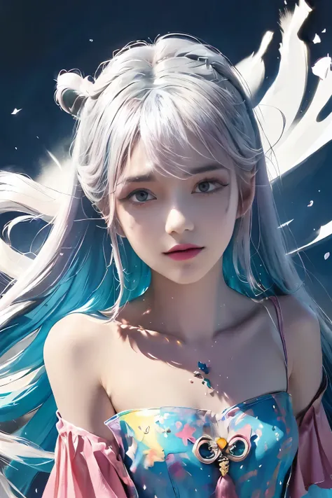 (Pink fashion T-shirt: 1.9), (Colorful hair: 1.8), (Rainbow all colors: 1.8), (((Vertical painting: 1.6))), (Painting: 1.6), Front, manga, illustration, painting, big eyes, crystal clear, (rainbow gradient high ponytail: 1.7), delicate makeup, shut up, (sm...